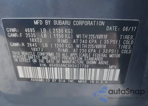 2017 Subaru Outback 2.5I Limited из США, поврежденный, VIN 4S4BSANCXH3427736